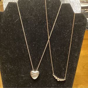 Two  Necklaces Silvertone Chain w/Heart and Coppertone Chain with Faux Crystals